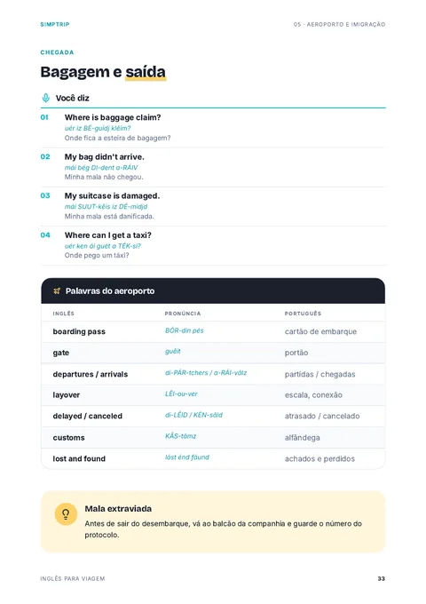 Página do ebook com frases em inglês para a chegada no aeroporto e tabela de vocabulário