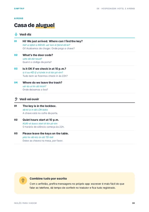 Página do ebook com frases em inglês para fazer check-in no Airbnb