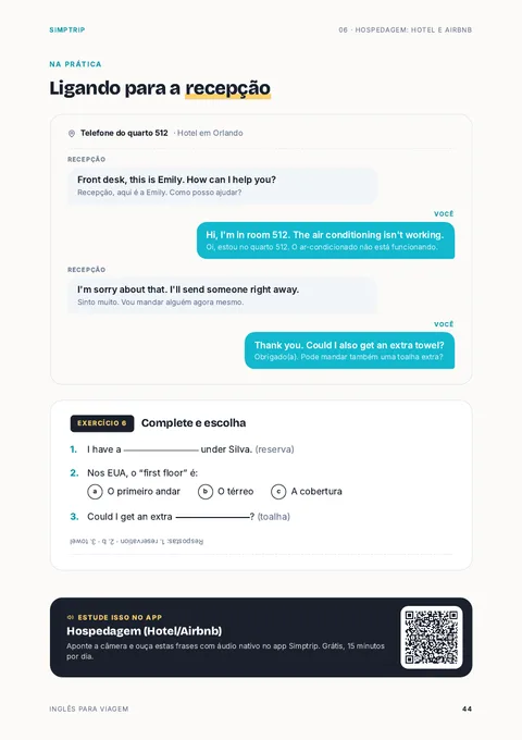 Diálogo em inglês na recepção do hotel, exercício e QR code para ouvir no app