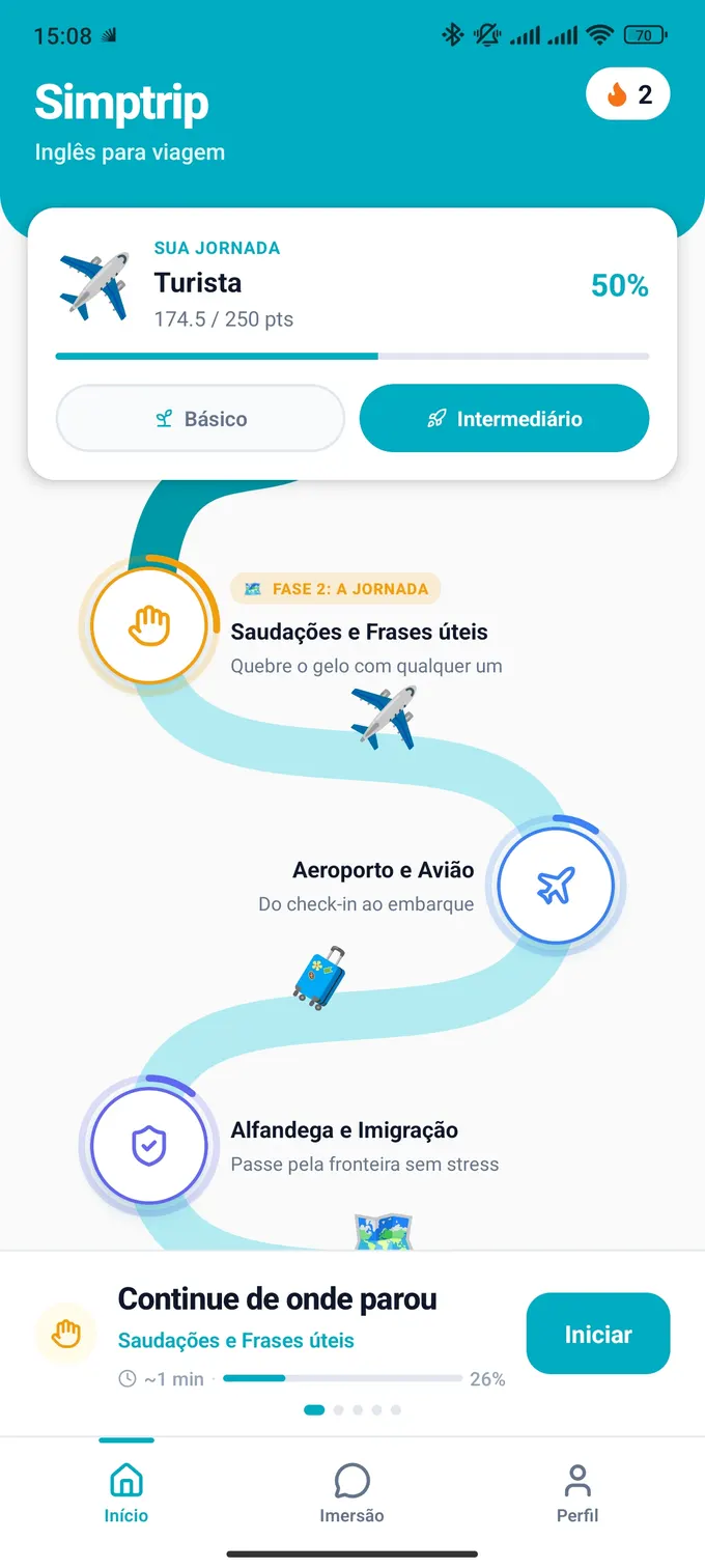 Simptrip screen, travel English app, showing airport check-in dialogue